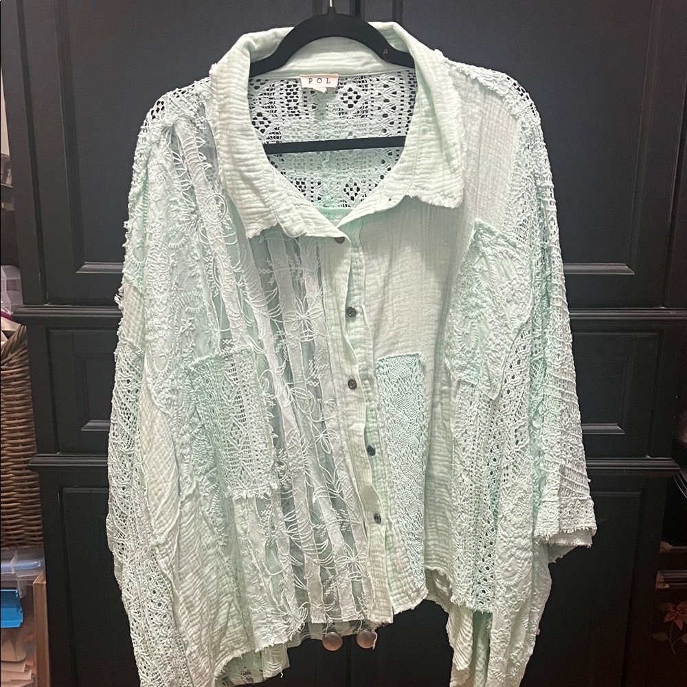POL Light Green Lace Button-Down Shirt